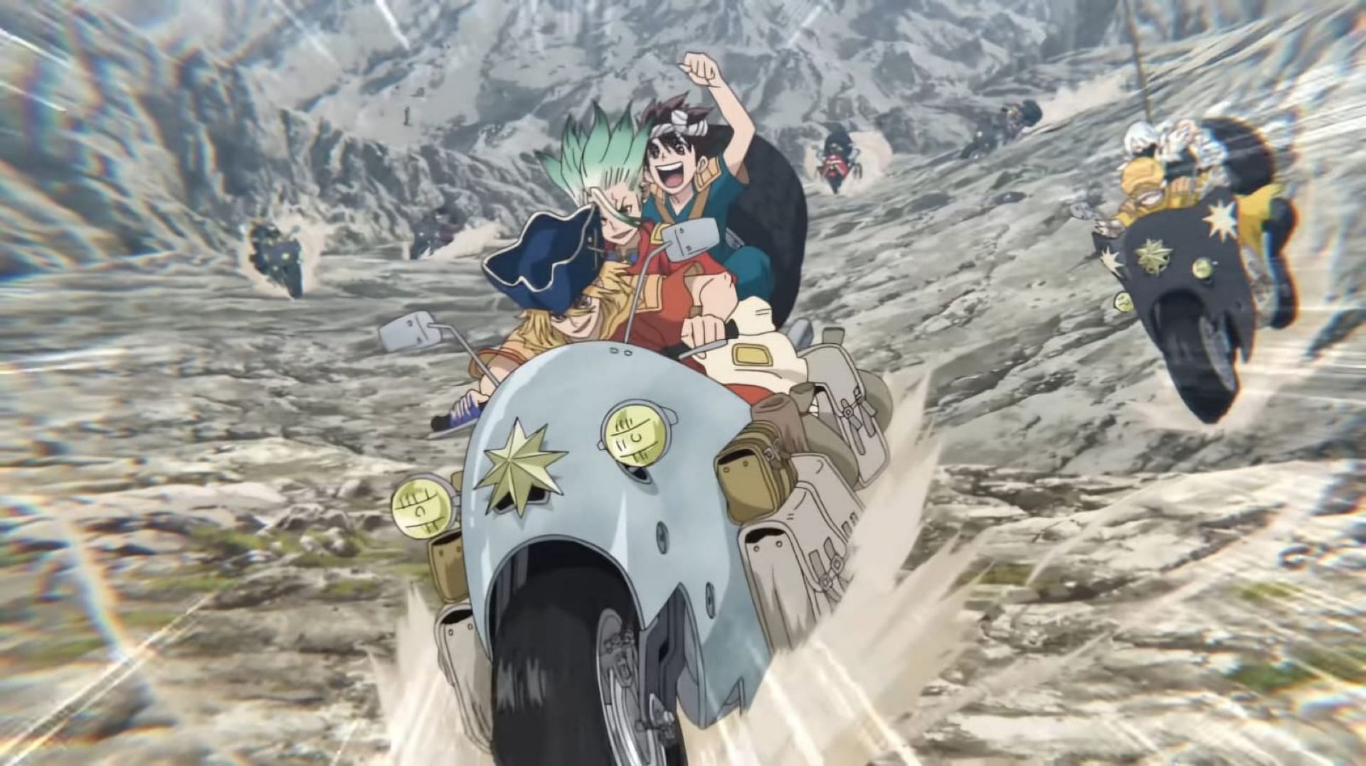 Senku and his friends in the main PV (Image via TMS Entertainment)